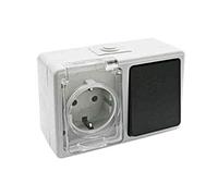Base schuko estanca con conmutador, ideal para conexiones seguras en exteriores y control de encendido/apagado.
