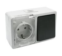 Base schuko estanca con conmutador, ideal para instalaciones eléctricas seguras y exteriores, perfecta para controlar el suministro eléctrico.