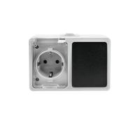 Base schuko estanca con conmutador, protección IP, ideal para exteriores y uso en ambientes húmedos, para conectar dispositivos eléctricos.