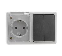 Base schuko estanca con doble conmutador, ideal para instalaciones interiores y exteriores, y para controlar dos circuitos eléctricos.