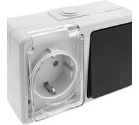 Base schuko estanca con interruptor, impermeable, fácil instalación, perfecta para exteriores, ideal para proteger conexiones eléctricas.