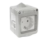 Base Schuko estanca IP55 16A 250V, protección contra agua y polvo, ideal para instalaciones exteriores y aplicaciones industriales.