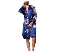 Bata tipo kimono de seda para hombre, bata tipo kimono de satén para hombre, cuello en V, manga larga, acogedora, bata de baño ligera para hombre, camisón de satén de manga larga, pijama de lujo, azul