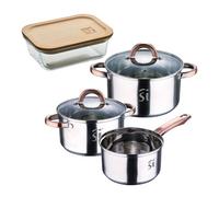 Bateria 5pc acero inoxidable ø16ø18ø20, aptas para inducción+ bergner naturally hermético de 650ml en vidrio de borosilicato
