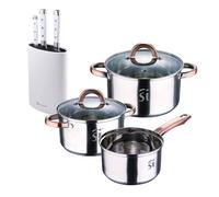Bateria 5pc acero inoxidable ø16ø18ø20, aptas para inducción+ bergner naturally juego de 3 cuchillos de acero inoxidable + tacoma en color blanco