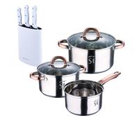 Bateria 5pc acero inoxidable ø16ø18ø20, aptas para inducción+ bergner naturally set de 3 cuchillos con tacoma en acero inoxidable 18 cm