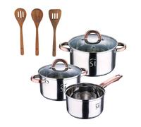 Bateria 5pc acero inoxidable Ø16Ø18Ø20, aptas para inducción+ San Ignacio AGROS Set 3pc utensilios cocina madera acacia