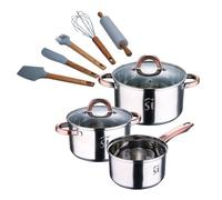Bateria 5pc acero inoxidable ø16ø18ø20, aptas para inducción+ set de 5 utensilios de cocina de silicona y madera de acacia noia san ignacio 16 cm