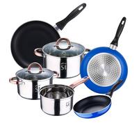 Bateria 5pc acero inoxidable Ø16Ø18Ø20 con 2 tapas de vidrio, y Set 3 sartenes Ø16/20/24 cm, aluminio prensado, azul, set apto para inducción