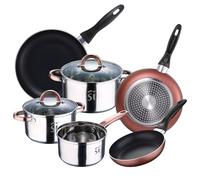 Bateria 5pc acero inoxidable Ø16Ø18Ø20 con 2 tapas de vidrio, y Set 3 sartenes Ø16/20/24 cm, aluminio prensado, cobre, set apto para inducción