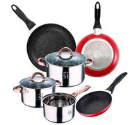 Bateria 5pc acero inoxidable Ø16Ø18Ø20 con 2 tapas de vidrio, y Set 3 sartenes Ø16/20/24 cm, aluminio prensado, rojo, set apto para inducción
