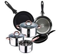 Bateria 5pc acero inoxidable Ø16Ø18Ø20 con 2 tapas de vidrio, y Set 3 sartenes Ø16/20/24 cm, aluminio prensado, negro, set apto para inducción