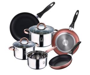Bateria 5pc acero inoxidable Ø16Ø18Ø20 con 2 tapas de vidrio, y Set 3 sartenes Ø16/20/24 cm, aluminio prensado, cobre, set apto para inducción