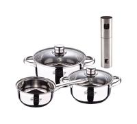 Bateria 5pcs acero inoxidable: cazo ø16x7,5 cacerolas de ø18x8,5 y ø20x9,5 cms., inducción+ bergner copper pulverizador de aceite y vinagre
