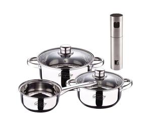 Bateria 5pcs acero inoxidable: cazo ø16x7,5 cacerolas de ø18x8,5 y ø20x9,5 cms., inducción+ bergner copper pulverizador de aceite y vinagre