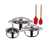 Bateria 5pcs acero inoxidable: cazo ø16x7,5 cacerolas de ø18x8,5 y ø20x9,5 cms., inducción+ bergner excalibur juego de 2 utensilios de cocina