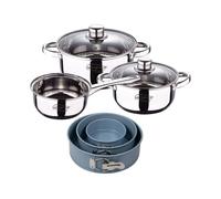 Bateria 5pcs acero inoxidable: cazo ø16x7,5 cacerolas de ø18x8,5 y ø20x9,5 cms., inducción+ juego de 3 moldes de horno redondos ø12ø18ø22cm