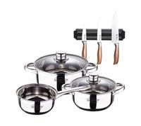 Bateria 5pcs acero inoxidable: cazo ø16x7,5 cacerolas de ø18x8,5 y ø20x9,5 cms,inducción+set de 3 cuchillos con soporte magnético