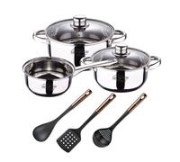 Bateria 5pcs acero inoxidable: cazo ø16x7,5 cacerolas de ø18x8,5 y ø20x9,5 cms., inducción+set de 3 utensilios de cocina en pbt negro y cobre