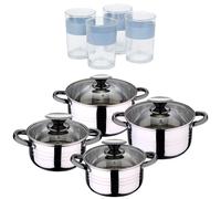 Bateria 8pc acero inoxidable apta para inducción Colección San Ignacio Premium + Delantal de Cocina Gris oscuro 100% Algodón 75x80cm Battery + noia glasses