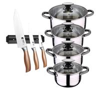 Bateria 8pc acero inoxidable apta para inducción Colección San Ignacio Premium + Delantal de Cocina Gris oscuro 100% Algodón 75x80cm Battery + knives holder