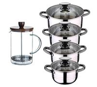 Bateria 8pc acero inoxidable apta para inducción Colección San Ignacio Premium + Delantal de Cocina Gris oscuro 100% Algodón 75x80cm Battery + noia coffee maker