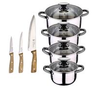 Bateria 8pc acero inoxidable apta para inducción Colección San Ignacio Premium + Delantal de Cocina Gris oscuro 100% Algodón 75x80cm Battery + noia knives