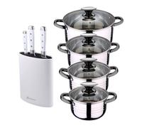 Bateria 8pc acero inoxidable apta para inducción colección san ignacio premium +juego de 3 cuchillos de acero inoxidable + tacoma en color blanco