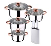 Bateria 8pc acero inoxidable apta para inducción colección san ignacio premium +juego de 3 cuchillos de acero inoxidable + tacoma en color blanco