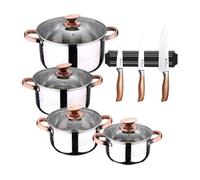 Bateria 8pc acero inoxidable apta para inducción colección san ignacio premium +set de 3 cuchillos en acero inoxidable con soporte magnético