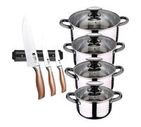 Bateria 8pc acero inoxidable apta para inducción colección san ignacio premium +set de 3 cuchillos en acero inoxidable con soporte magnético