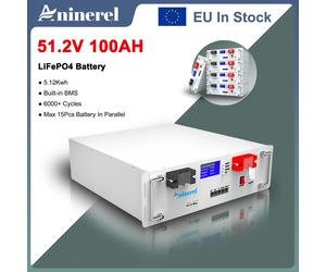 Batería Aninerel LiFePO4 51.2V 100AH 5.12Kwh para Almacenamiento de Energía Solar Doméstica 48V 6000+ Ciclos con Protección BMS Integrada, Función de Historial/Balance, En Stock en la UE 51.2V-100AH-5