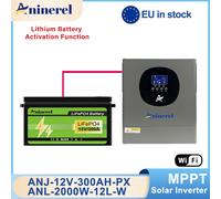 Batería Aninerel LiFePO4 de 300Ah y 12V con BMS integrado de 200A, 3840Wh, 6000+ ciclos, sistema inversor solar de 12V y 2KW para sistemas fuera de la red. 12V 2KW