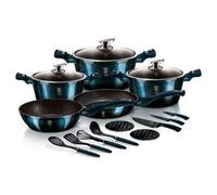Batería Cocina Inducción 17 Piezas, Antiadherente Mármol Sin Pfoa, Aluminio, Cazuelas Sartenes Azul Marino Berlinger Haus Aquamarine