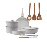 Batería de cocina 10 Pzs Beige/Mango extraíble,3 Sartenes,2 Cazos,Tapas y Utensilios+Delantal de Cocina Gris oscuro 100% Algodón 75x80cm