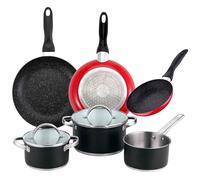 Batería de cocina 5 piezas: Ø16 Ø20 y Ø24 cm en acero inoxidable con tapas + Juego de sartenes Ø16 Ø20 Ø24 aluminio prensado, inducción