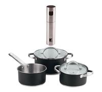 Bateria de cocina 5 pzs (2 cacerolas c/tapa + cazo) acero c/revestimineto+ bergner copper pulverizador de aceite y vinagre