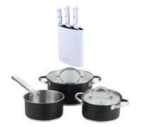 Bateria de cocina 5 pzs (2 cacerolas c/tapa + cazo) acero c/revestimineto+ bergner naturally set de 3 cuchillos con tacoma en acero inoxidable