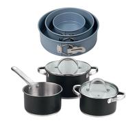 Bateria de cocina 5 pzs (2 cacerolas c/tapa + cazo) acero c/revestimineto+ juego de 3 moldes de horno redondos ø12ø18ø22cm noia san ignacio
