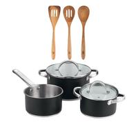 Bateria de cocina 5 pzs (2 cacerolas c/tapa + cazo) acero c/revestimineto+ set 3pcs utensilios de cocina acacia smart masterpro