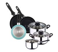 WELL HOME MOBILIARIO & DECORACIÓN Batería de cocina 5pc acero inoxidable + Set 3 sartenes 16/20/24 aluminio prensado, azul celeste