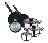 WELL HOME MOBILIARIO & DECORACIÓN Batería de cocina 5pc acero inoxidable + Set 3 sartenes 16/20/24 aluminio prensado, azul metalizado
