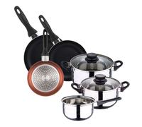 Batería de cocina 5pc acero inoxidable + Set 3 sartenes Ø16Ø20Ø24 aluminio prensado, varios colores