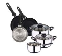 WELL HOME MOBILIARIO & DECORACIÓN Batería de cocina 5pc acero inoxidable + Set 3 sartenes 16/20/24 aluminio prensado, gris metalizado