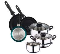 Batería de cocina 5pc acero inoxidable + Set 3 sartenes Ø16Ø20Ø24 aluminio prensado, varios colores