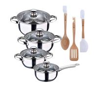 Batería de cocina 7 piezas fabricada en acero inoxidable apta para todo tipo de fuegos+juego de 3 utensilios de cocina en silicona y madera