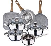 Bateria de cocina 7 piezas SAN IGNACIO Faro, acero inoxidable, con juego sartenes (18/22 cm) y grill 28x28 cm SAN IGNACIO Daimiel en aluminio forjado