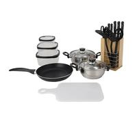 Well home batería de cocina de 18pc (1x sarten + 2 cacerolas + 1 tabla de cortar + 1 tijeras + 3 utensilios de nylon + 4 tuppers + 1 bloque de madera