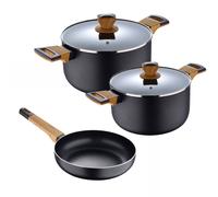 Batería de Cocina de 5Pzs (Cacerola con tapa Ø24cm + Cacerola con tapa Ø20cm+ Sartén Ø24cm) en aluminio presnado Earth Black Bergner Batería 5pc Earth