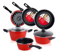 Magefesa grana bateria de cocina 5 piezas + set juego 3 sartenes 18-20-24cm, acero vitrificado 820ºc, libre pfoa, , rojo